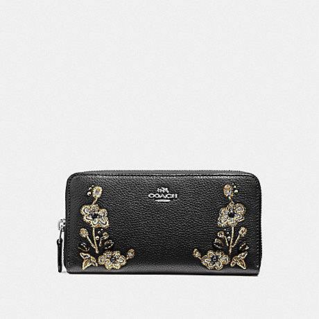 COACH ACCORDION ZIP WALLET IN REFINED NATURAL PEBBLE LEATHER WITH FLORAL EMBROIDERY - ANTIQUE NICKEL/BLACK - f11885
