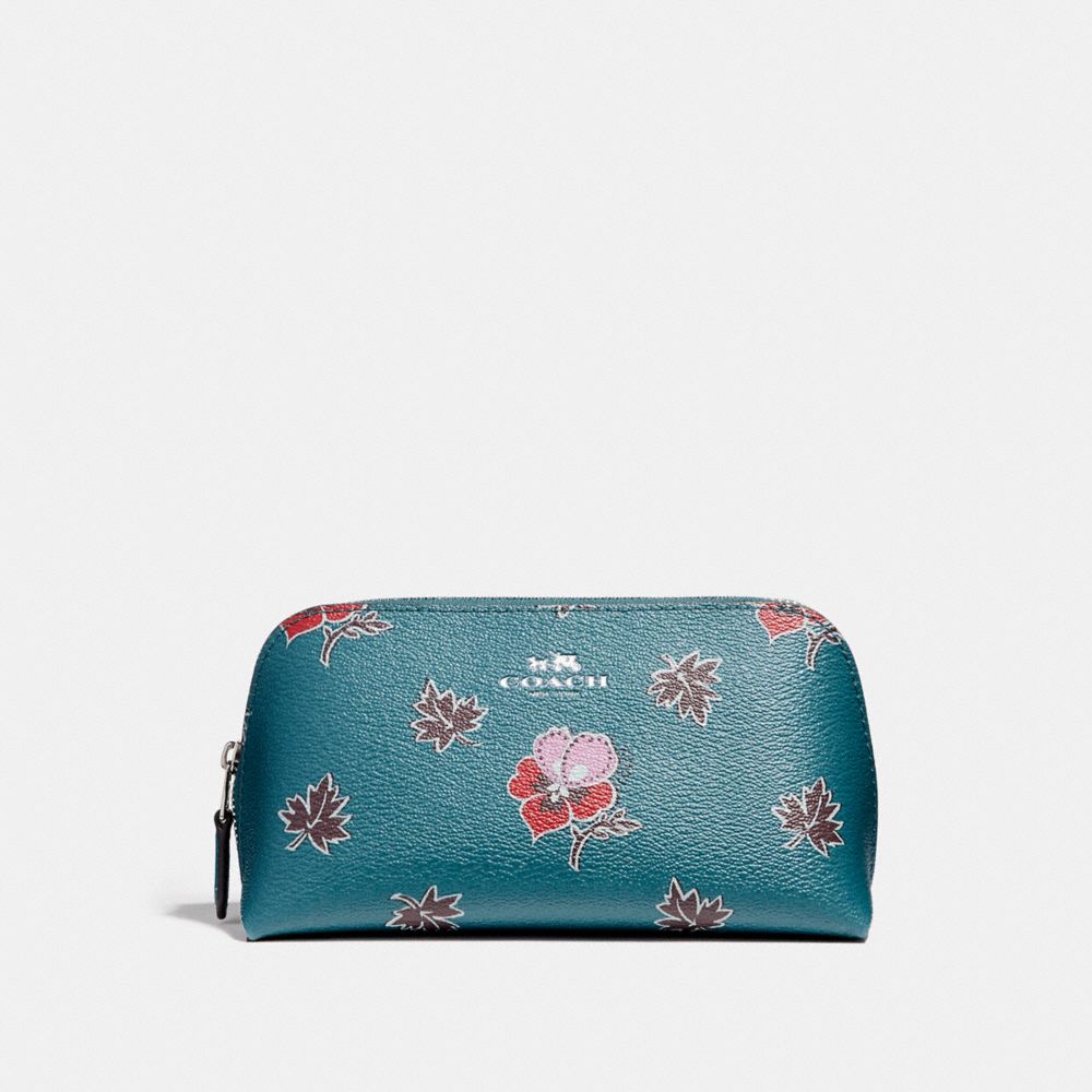 COACH f11893 COSMETIC CASE 17 IN WILDFLOWER PRINT COATED CANVAS SILVER/DARK TEAL