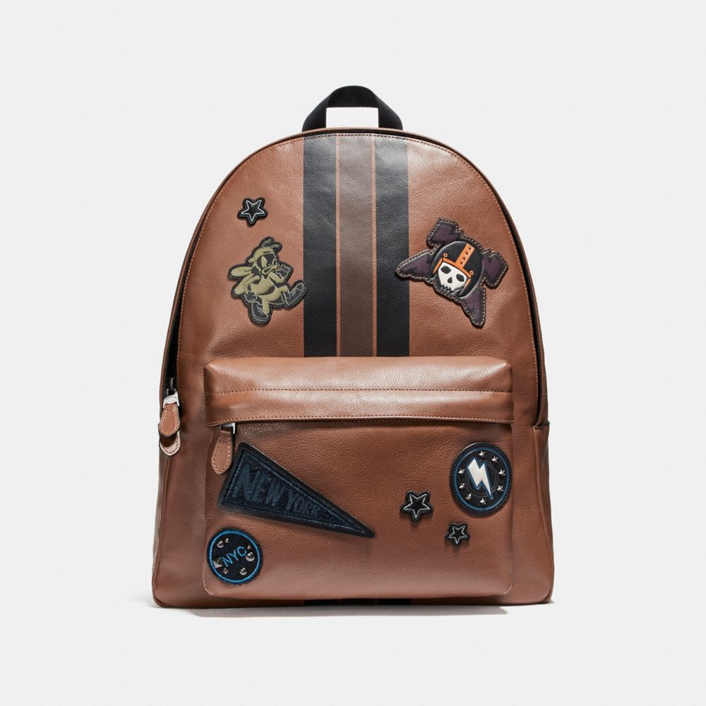 COACH F11898 - CHARLES BACKPACK IN SMOOTH CALF LEATHER WITH VARSITY PATCHES BLACK ANTIQUE NICKEL/DARK SADDLE/BLACK/MAHOGANY