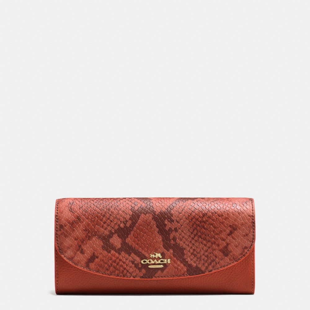 COACH f11928 SLIM ENVELOPE IN POLISHED PEBBLE LEATHER WITH PYTHON EMBOSSED LEATHER IMITATION GOLD/TERRACOTTA MULTI