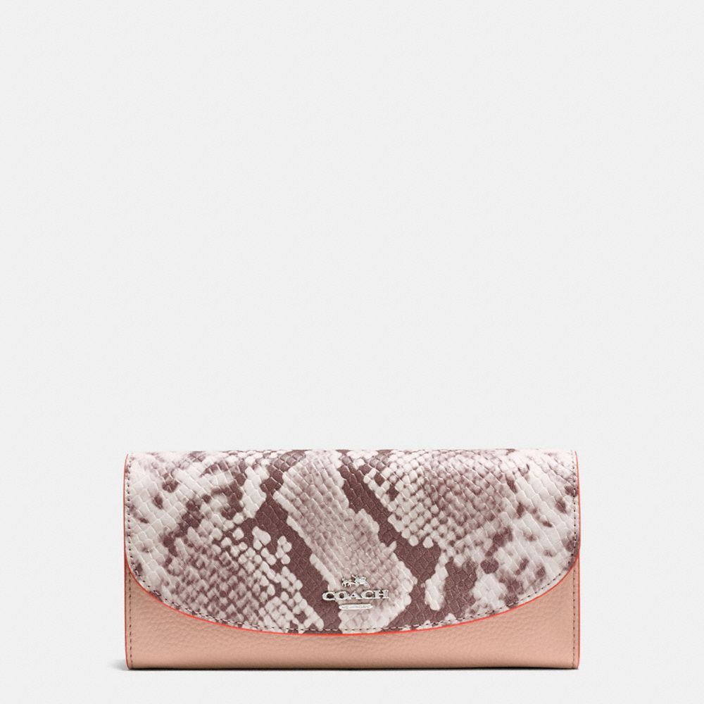 COACH f11928 SLIM ENVELOPE IN POLISHED PEBBLE LEATHER WITH PYTHON EMBOSSED LEATHER SILVER/NUDE PINK MULTI