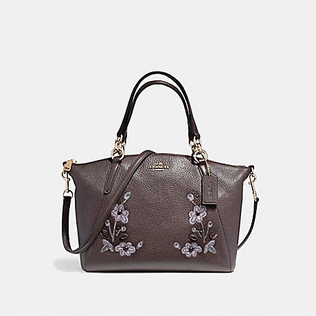 COACH SMALL KELSEY SATCHEL IN PEBBLE LEATHER WITH FLORAL EMBROIDERY - LIGHT GOLD/OXBLOOD 1 - f12007