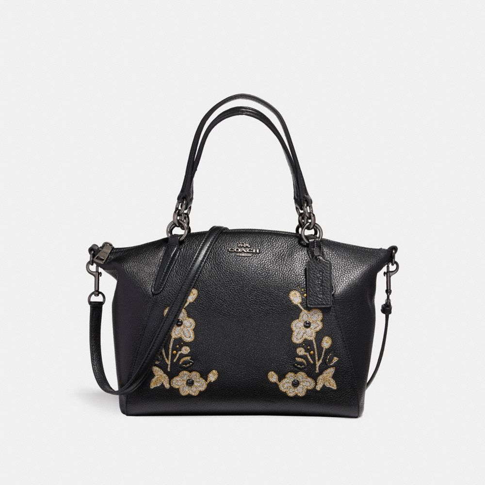 SMALL KELSEY SATCHEL IN PEBBLE LEATHER WITH FLORAL EMBROIDERY - f12007 - ANTIQUE NICKEL/BLACK