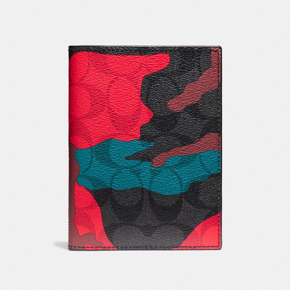 PASSPORT CASE IN SIGNATURE CAMO COATED CANVAS - f12009 - CHARCOAL/RED CAMO