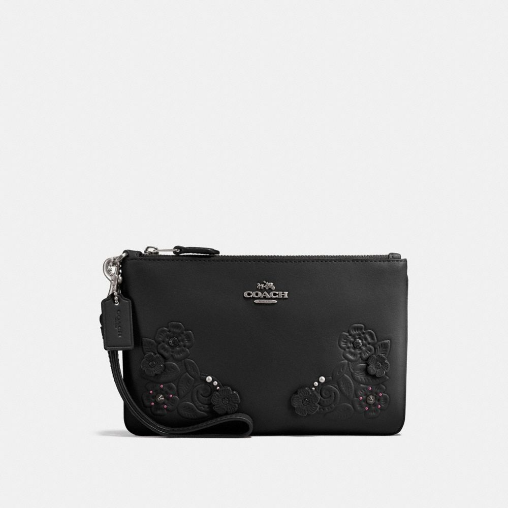 COACH F12056 Small Wristlet With Tea Rose And Tooling BLACK/DARK GUNMETAL