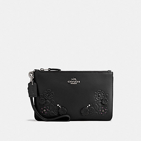 COACH f12056 SMALL WRISTLET WITH TEA ROSE AND TOOLING BLACK/DARK GUNMETAL