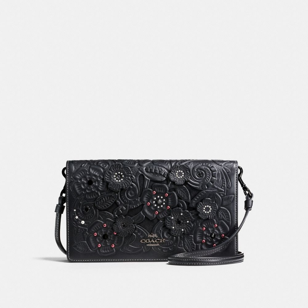 FOLDOVER CROSSBODY CLUTCH WITH TEA ROSE AND TOOLING - f12057 - BLACK/DARK GUNMETAL