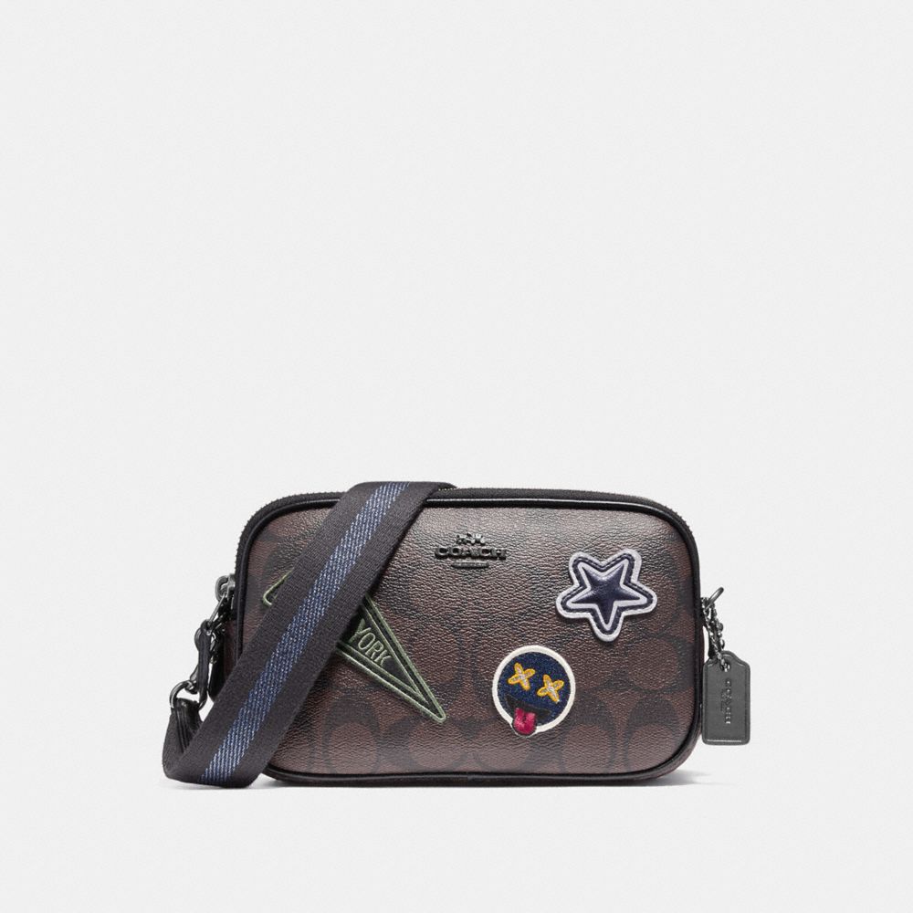 CROSSBODY POUCH IN SIGNATURE COATED CANVAS WITH VARSITY PATCHES - BLACK ANTIQUE NICKEL/BROWN - COACH F12084