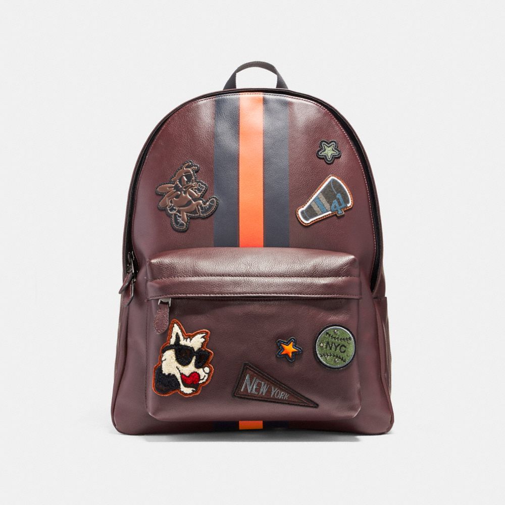 COACH F12125 CHARLES BACKPACK IN SMOOTH CALF LEATHER WITH VARSITY PATCHES BLACK-ANTIQUE-NICKEL/OXBLOOD/MIDNIGHT-NAVY/CORAL