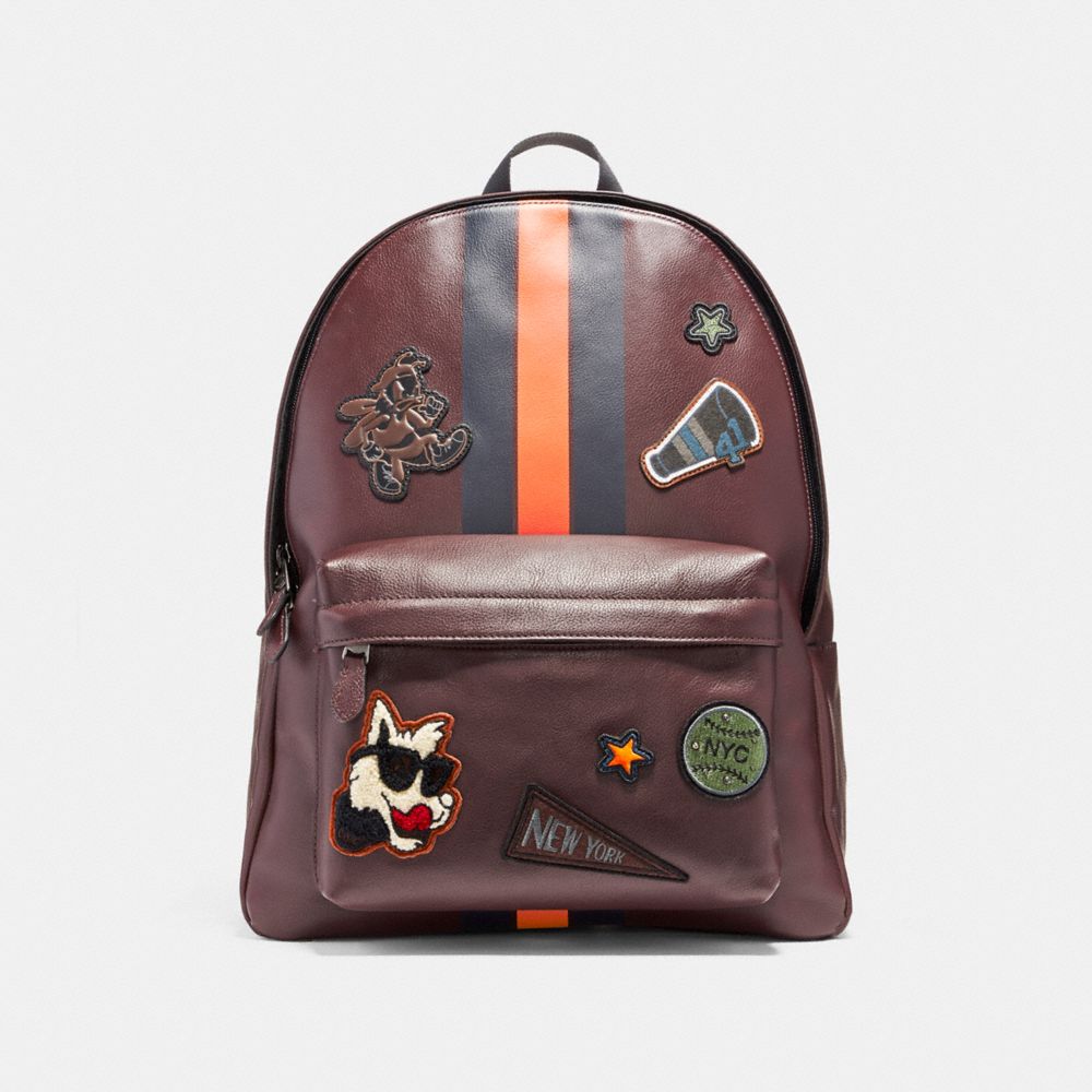 COACH f12125 CHARLES BACKPACK IN SMOOTH CALF LEATHER WITH VARSITY PATCHES BLACK ANTIQUE NICKEL/OXBLOOD/MIDNIGHT NAVY/CORAL