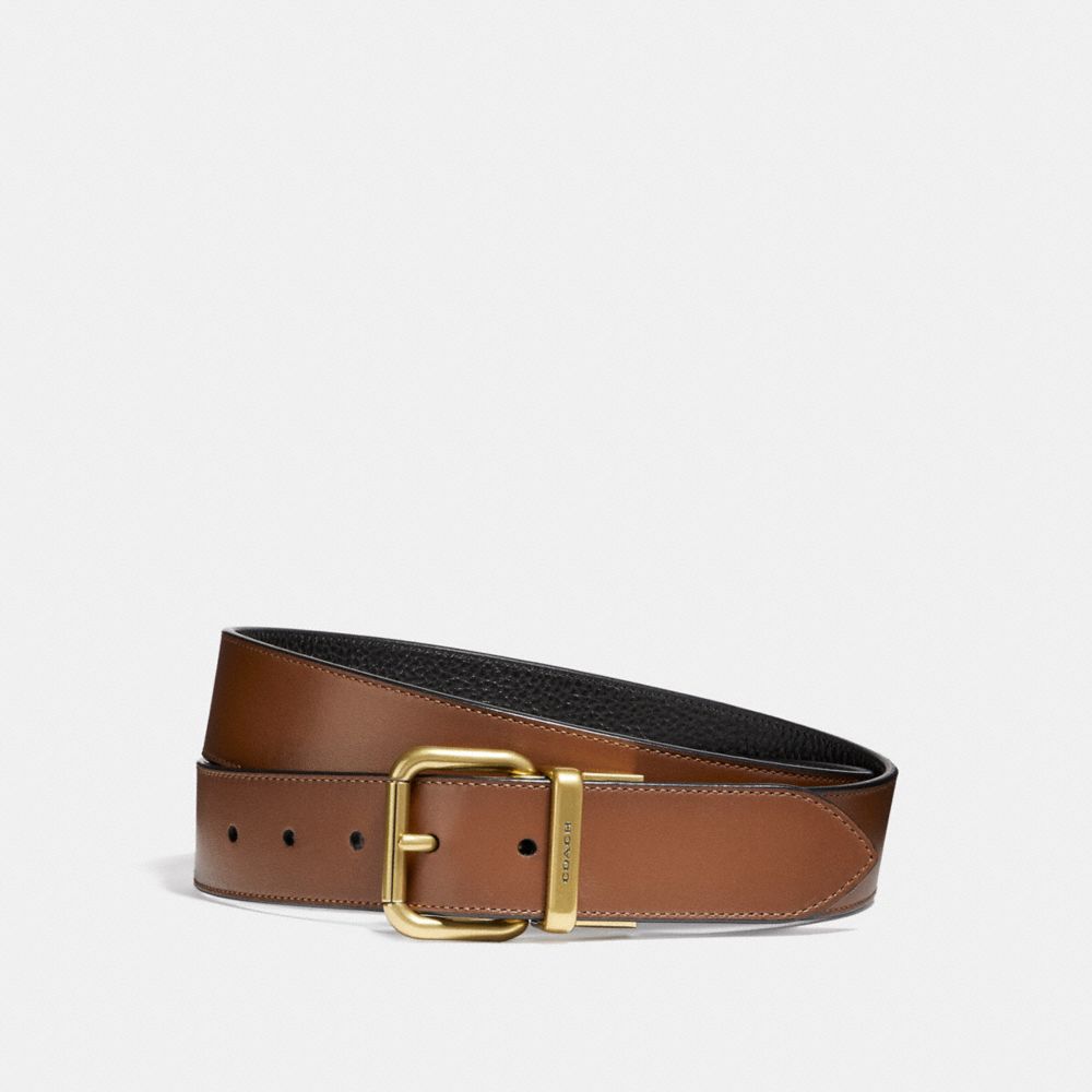WIDE JEANS BUCKLE CUT-TO-SIZE REVERSIBLE BURNISHED LEATHER BELT -  COACH f12189 - DARK SADDLE