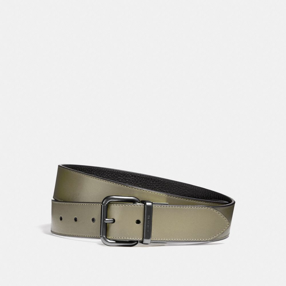 WIDE JEANS BUCKLE CUT-TO-SIZE REVERSIBLE BURNISHED LEATHER BELT - MILITARY GREEN/BLACK - COACH F12189