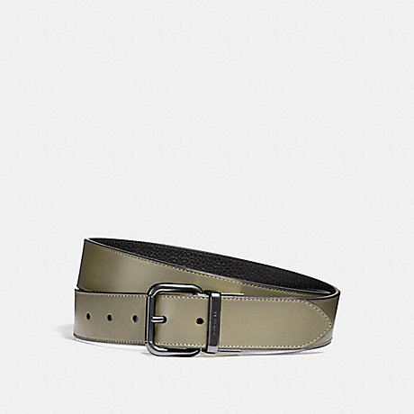 COACH f12189 WIDE JEANS BUCKLE CUT-TO-SIZE REVERSIBLE BURNISHED LEATHER BELT MILITARY GREEN/BLACK