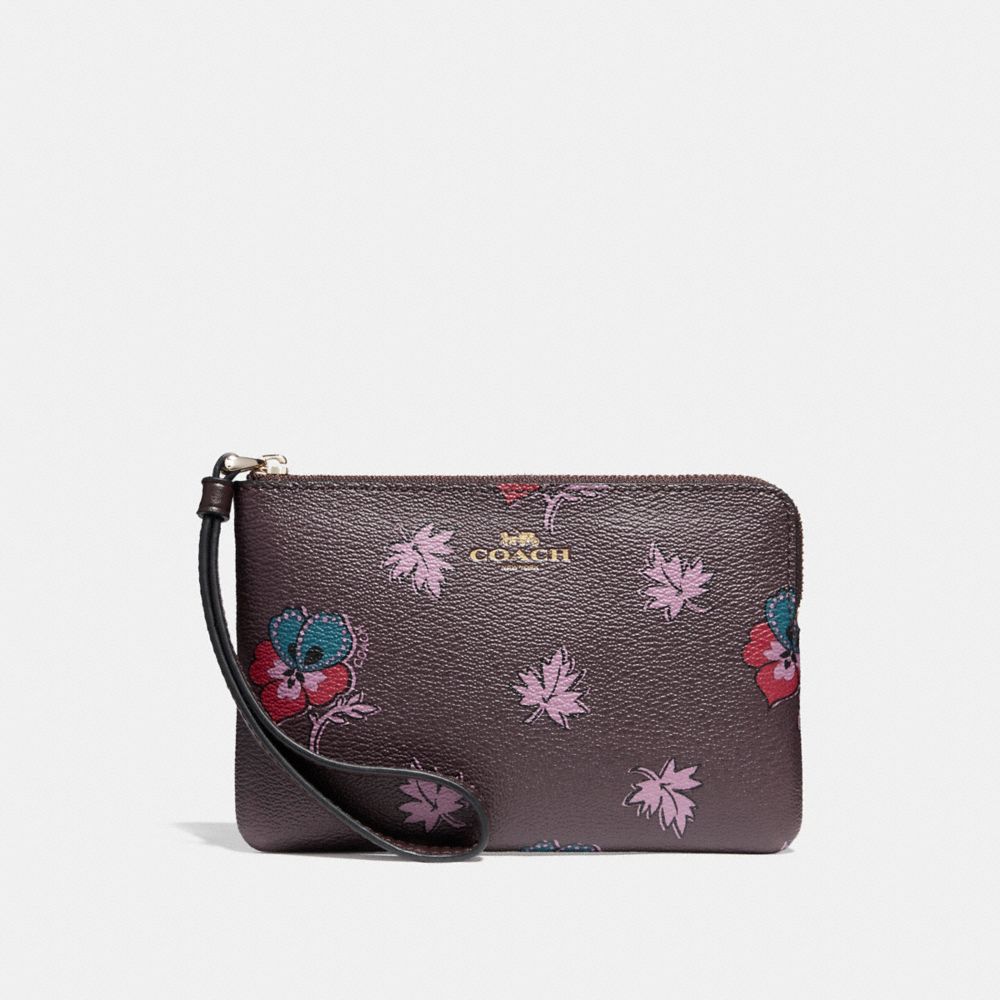 coach oxblood coated wristlet wildflower zip corner canvas gold light