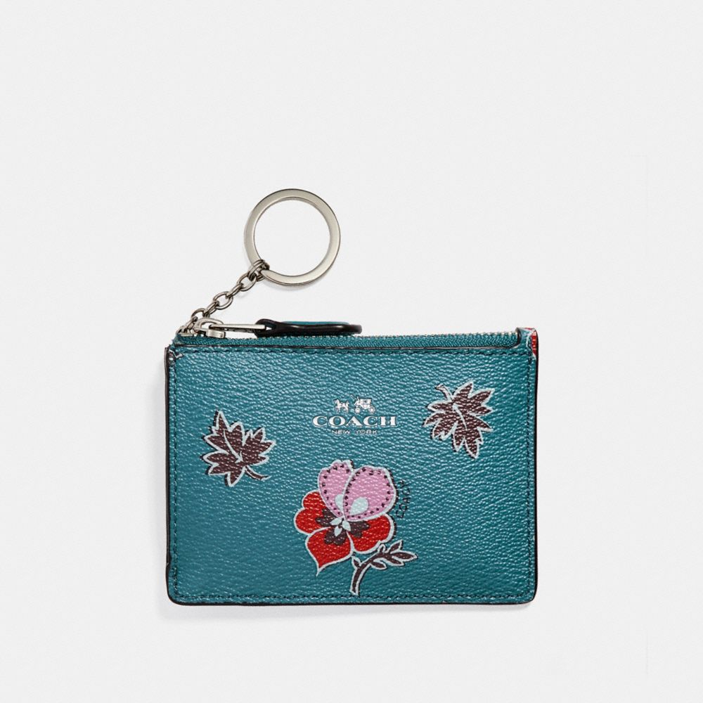 COACH f12555 MINI SKINNY ID CASE IN WILDFLOWER PRINT COATED CANVAS SILVER/DARK TEAL