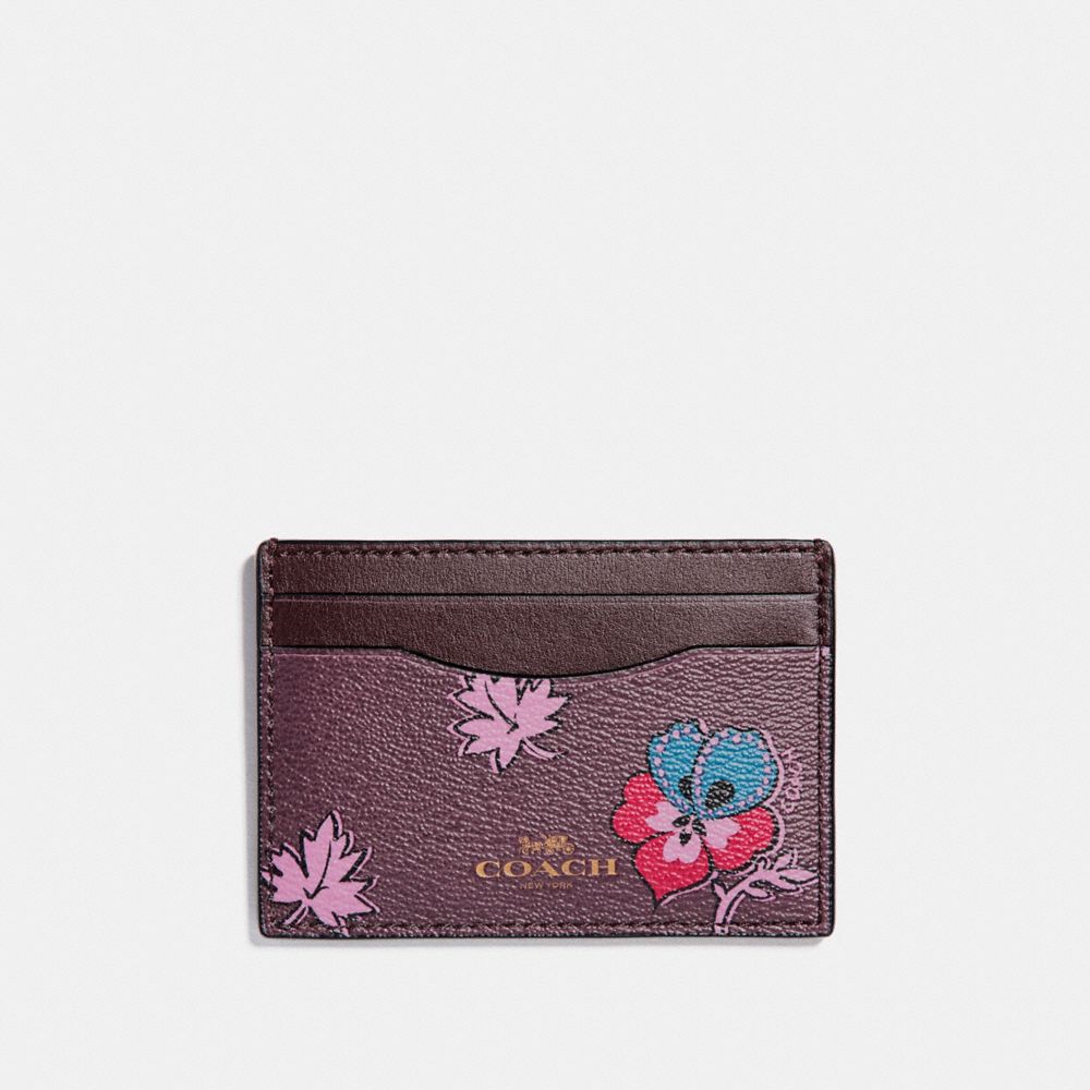 FLAT CARD CASE IN WILDFLOWER PRINT COATED CANVAS - f12773 - LIGHT GOLD/OXBLOOD 1