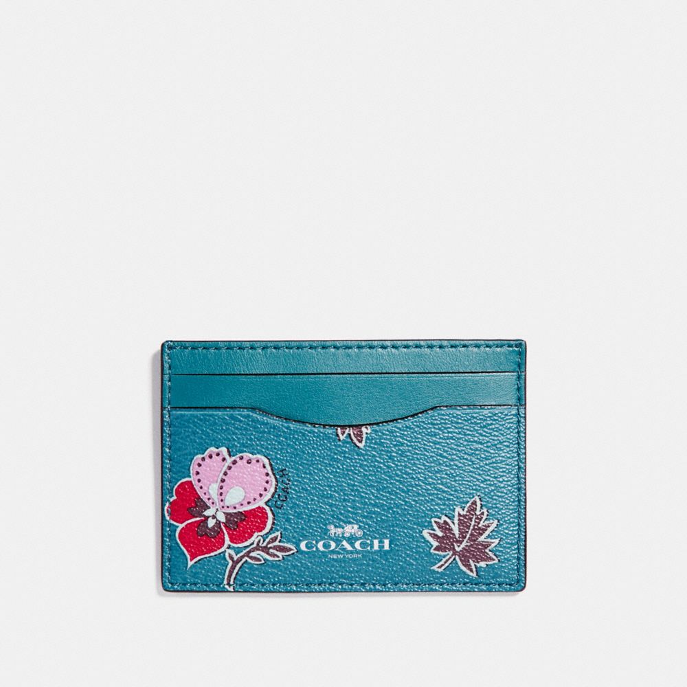 FLAT CARD CASE IN WILDFLOWER PRINT COATED CANVAS - f12773 - SILVER/DARK TEAL