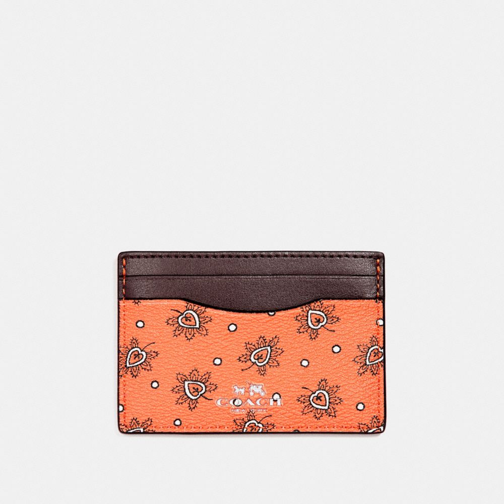 COACH F12821 Card Case In Forest Bud Print Coated Canvas SILVER/CORAL MULTI