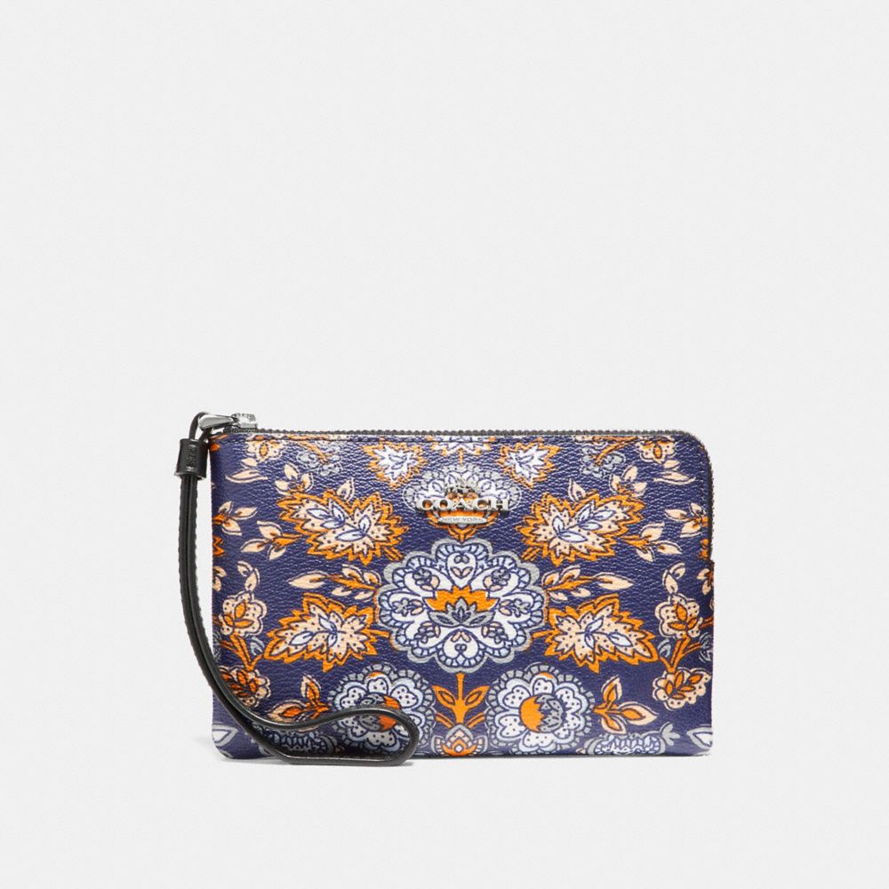 CORNER ZIP WRISTLET IN FOREST FLOWER PRINT COATED  CANVAS - SILVER/BLUE - COACH F13314
