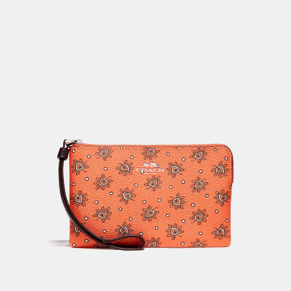 COACH CORNER ZIP WRISTLET IN FOREST BUD PRINT COATED  CANVAS - SILVER/CORAL MULTI - F13315