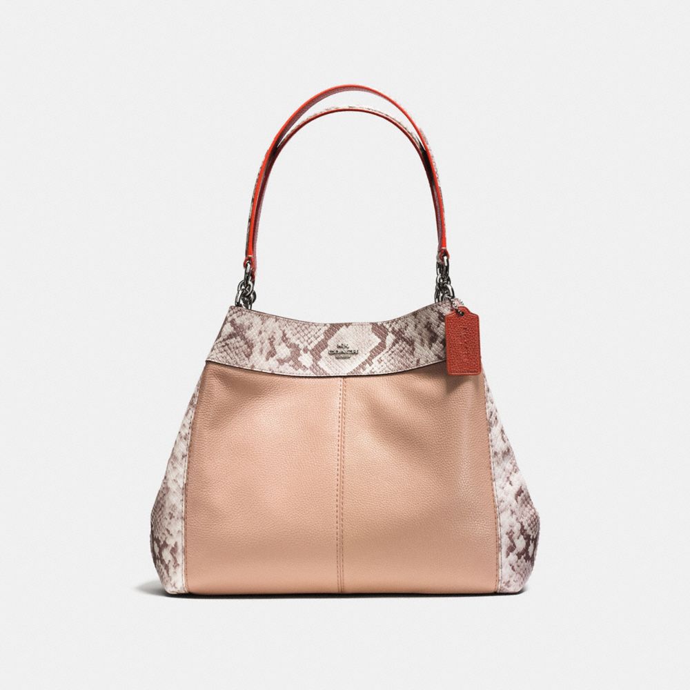 LEXY SHOULDER BAG IN POLISHED PEBBLE LEATHER WITH PYTOHN EMBOSSED LEATHER TRIM - f13691 - SILVER/NUDE PINK MULTI