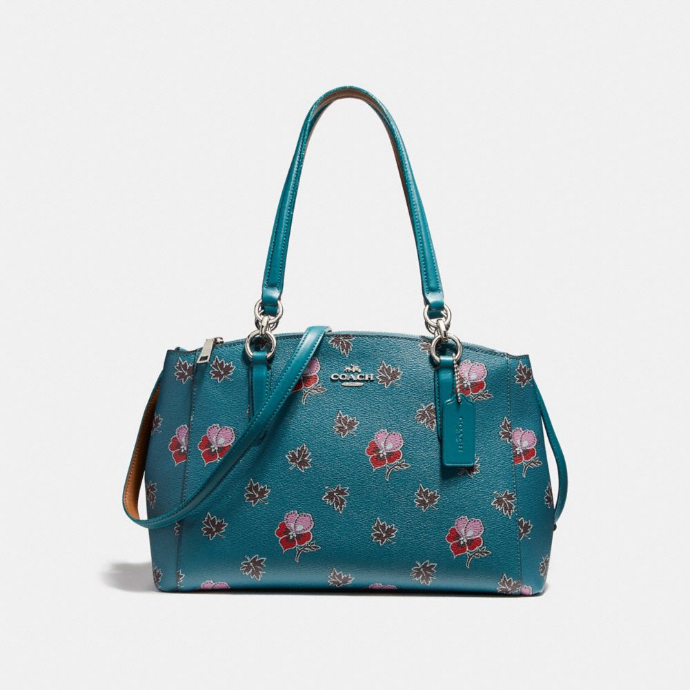 COACH F13768 Small Christie Carryall In Wildflower Print Coated Canvas SILVER/DARK TEAL