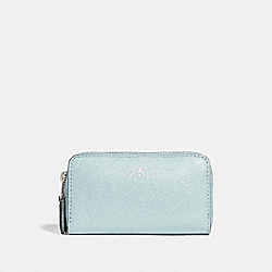 COACH F15153 - SMALL DOUBLE ZIP COIN CASE IN GLITTER CROSSGRAIN LEATHER SILVER/AQUA