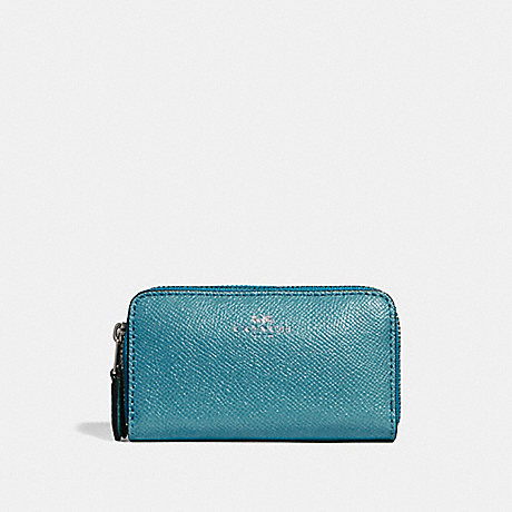 COACH F15153 SMALL DOUBLE ZIP COIN CASE IN GLITTER CROSSGRAIN LEATHER SILVER/DARK-TEAL