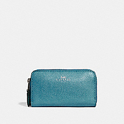 COACH F15153 - SMALL DOUBLE ZIP COIN CASE IN GLITTER CROSSGRAIN LEATHER SILVER/DARK TEAL