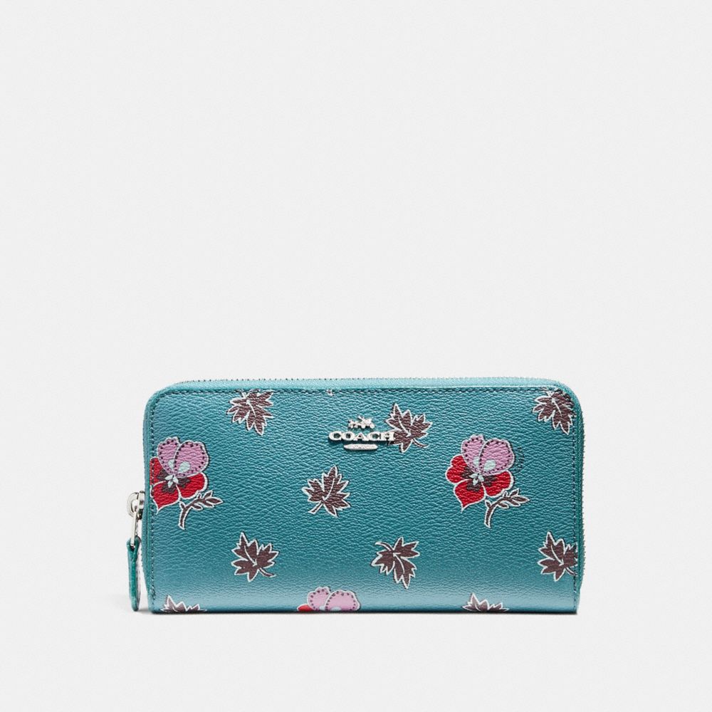 COACH ACCORDION ZIP WALLET IN WILDFLOWER PRINT COATED CANVAS - SILVER/DARK TEAL - f15155