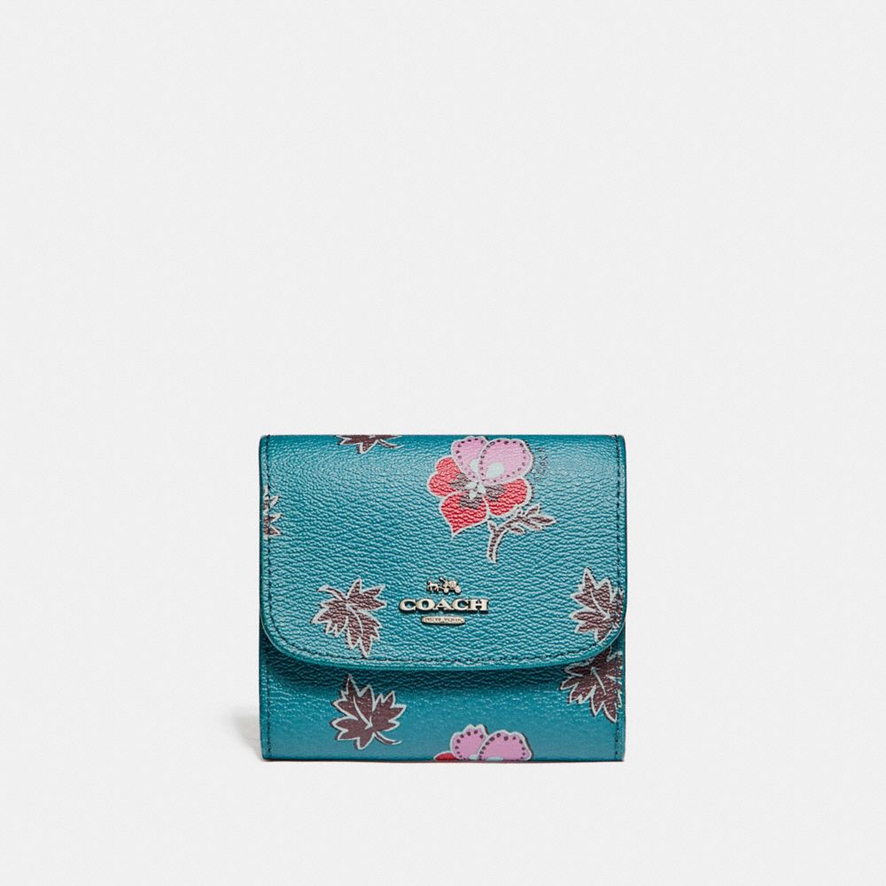 COACH F15563 - SMALL WALLET IN WILDFLOWER PRINT COATED CANVAS SILVER/DARK TEAL