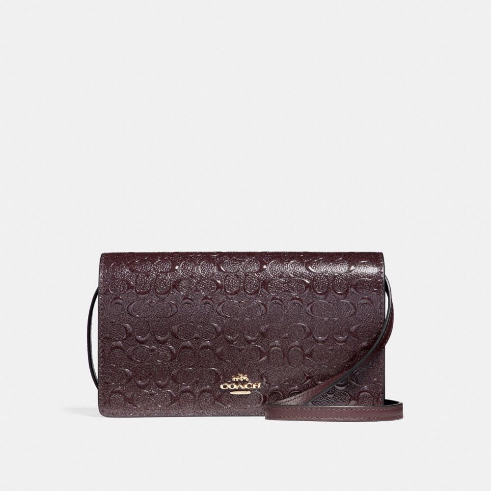 COACH F15620 Foldover Crossbody Clutch In Signature Debossed Patent Leather LIGHT GOLD/OXBLOOD 1