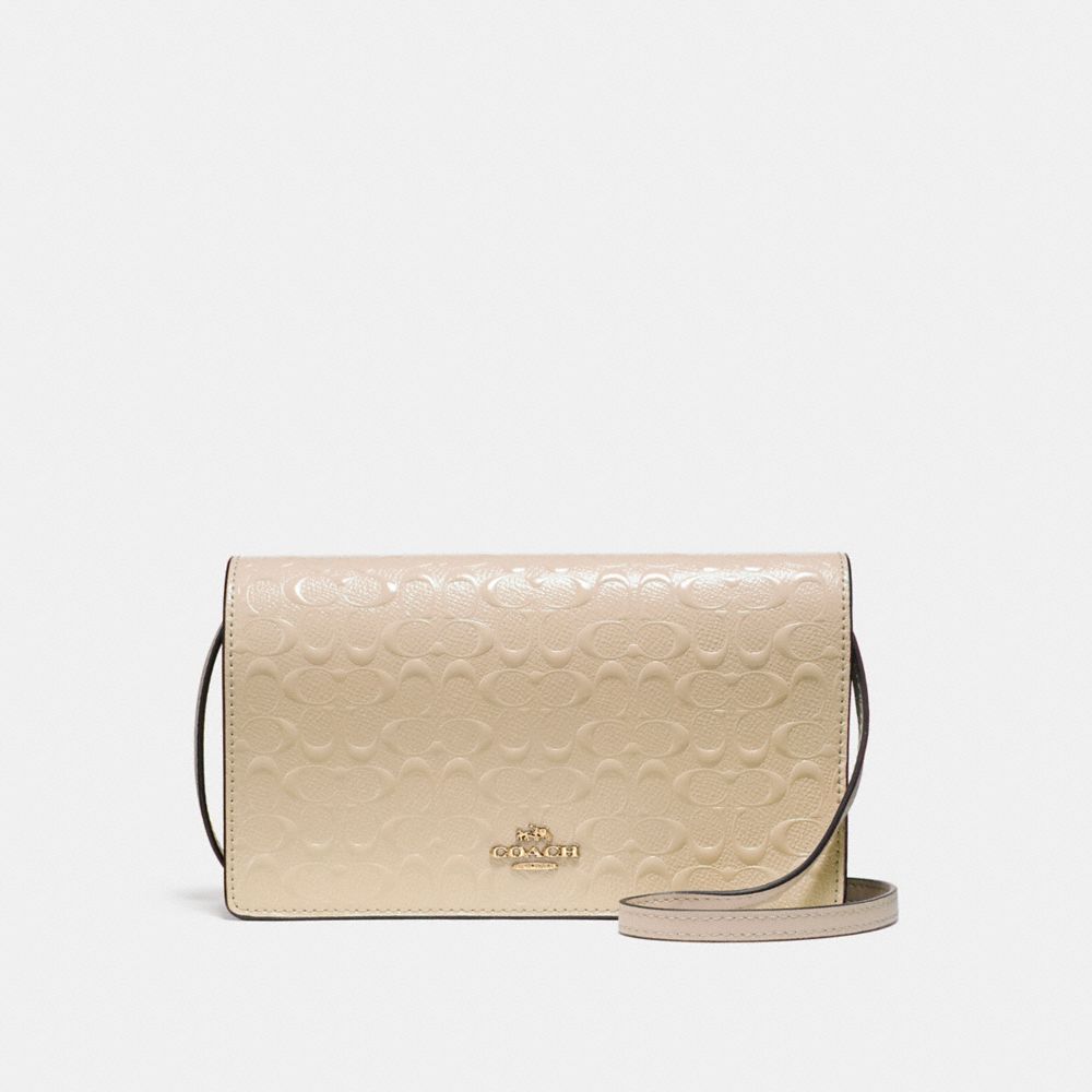 FOLDOVER CROSSBODY CLUTCH IN SIGNATURE DEBOSSED PATENT LEATHER - f15620 - LIGHT GOLD/PLATINUM