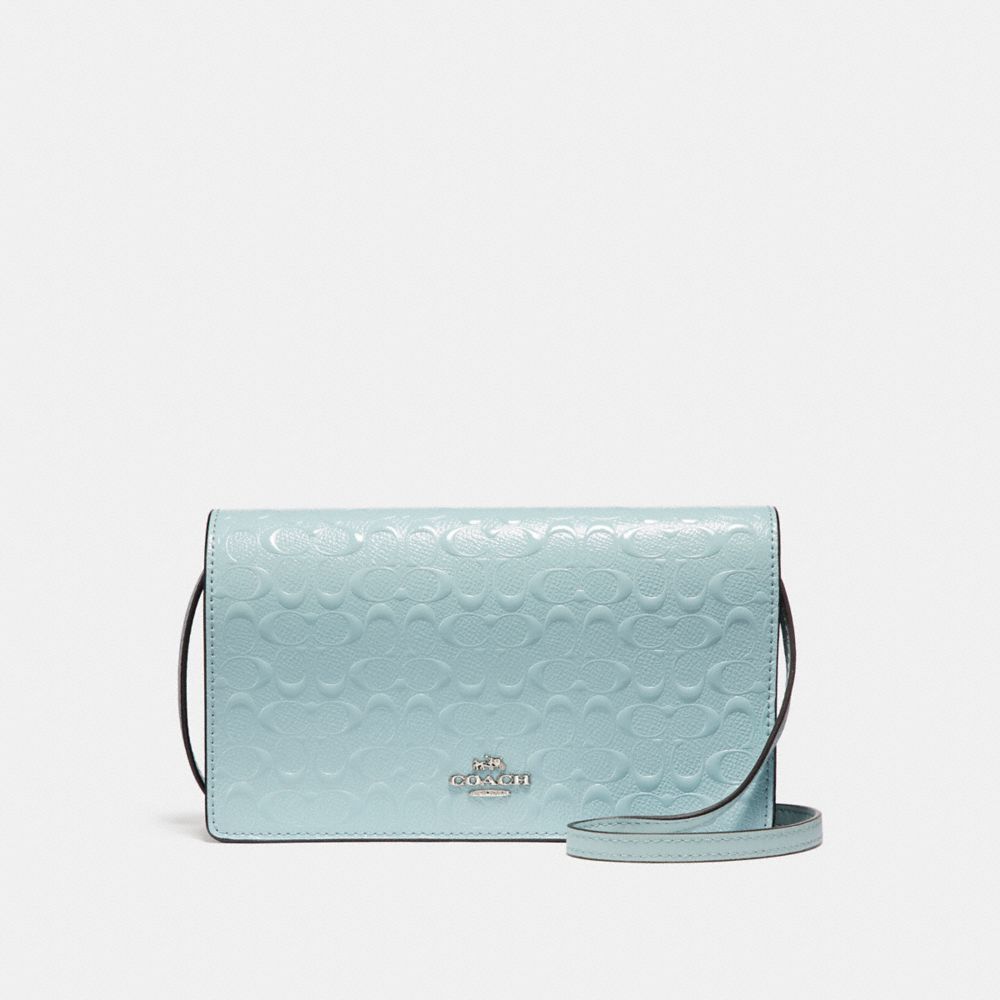 FOLDOVER CROSSBODY CLUTCH IN SIGNATURE DEBOSSED PATENT LEATHER - f15620 - SILVER/AQUA