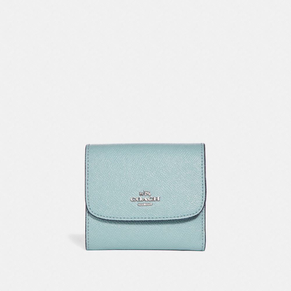 COACH f15622 SMALL WALLET IN GLITTER CROSSGRAIN LEATHER SILVER/AQUA