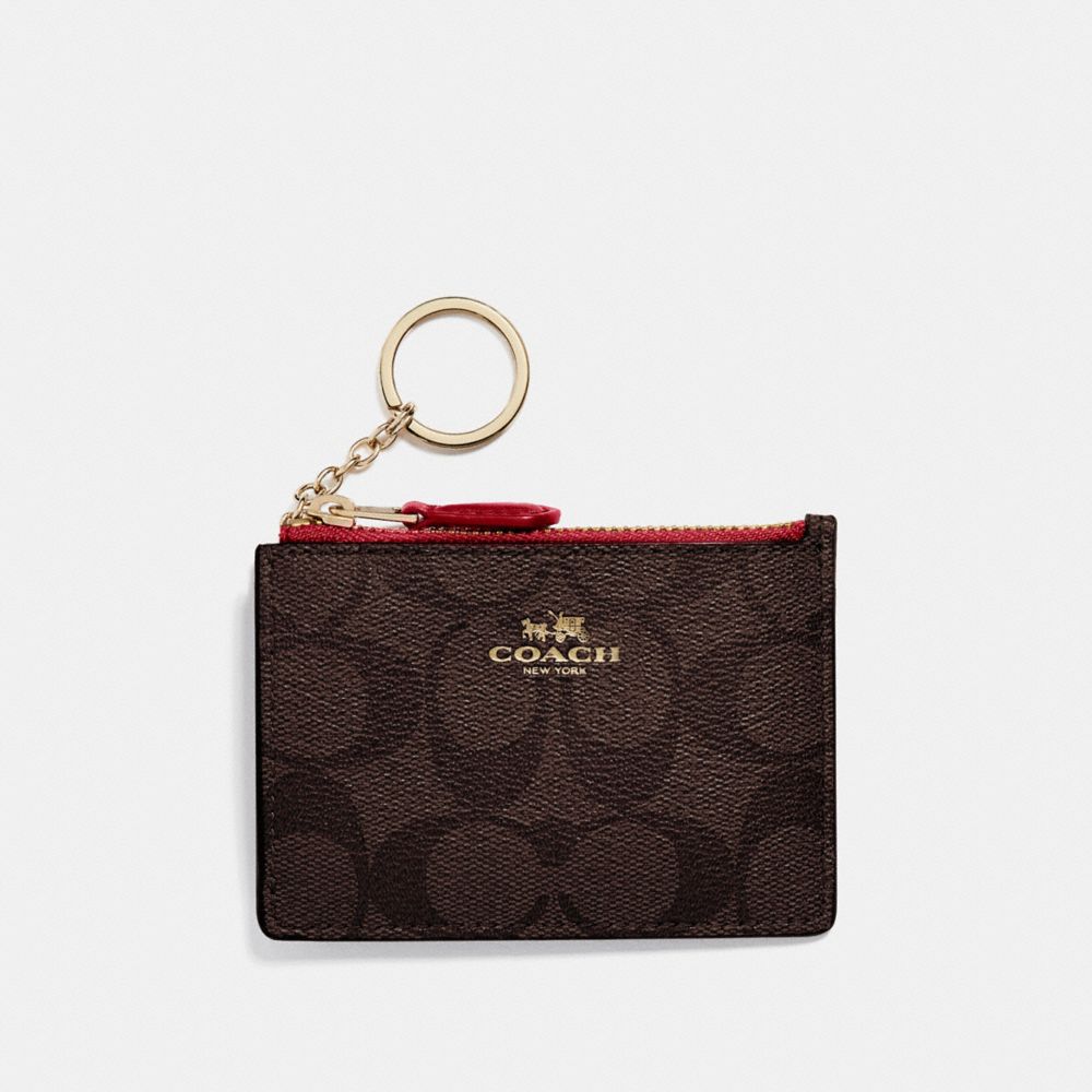 COACH F16107 MINI SKINNY ID CASE IN SIGNATURE CANVAS BROWN/TRUE RED/LIGHT GOLD