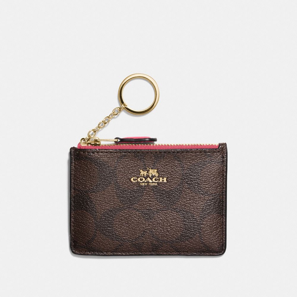 COACH MINI SKINNY ID CASE IN SIGNATURE CANVAS - BROWN/STRAWBERRY/IMITATION GOLD - F16107