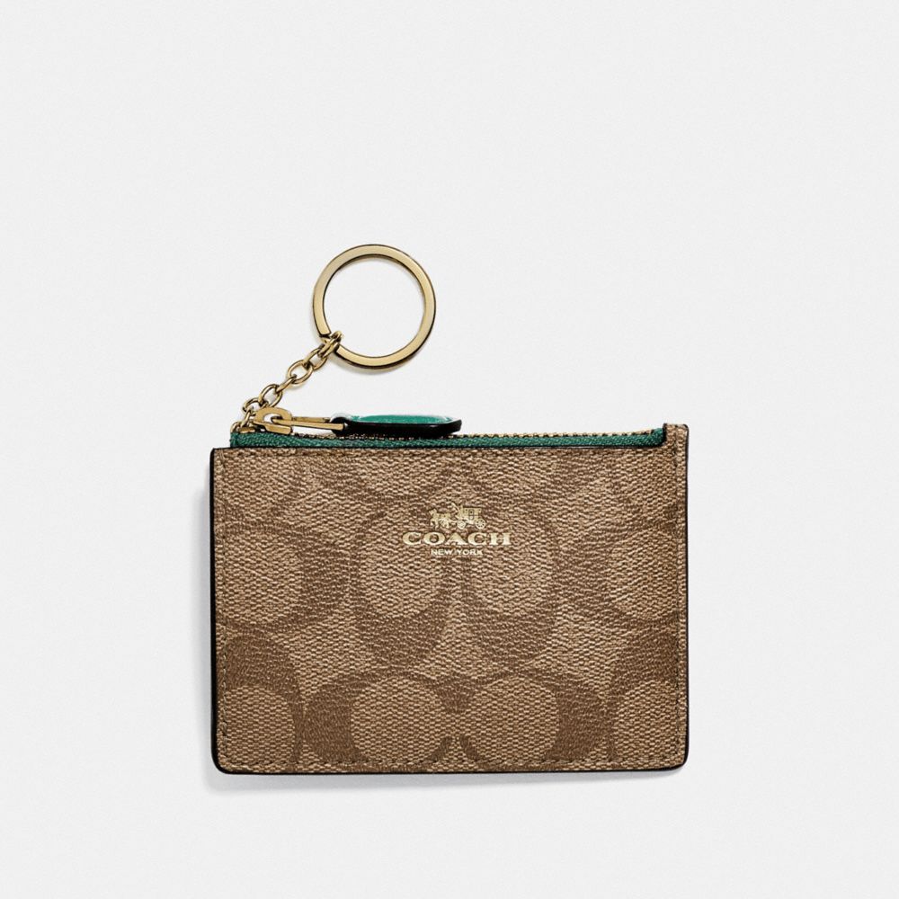 COACH F16107 MINI SKINNY ID CASE IN SIGNATURE CANVAS KHAKI/DARK TURQUOISE/LIGHT GOLD