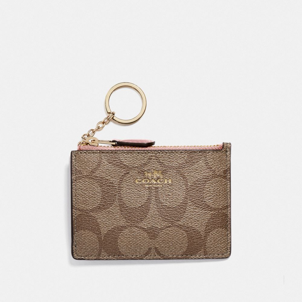 COACH F16107 MINI SKINNY ID CASE IN SIGNATURE CANVAS IM/KHAKI PINK PETAL