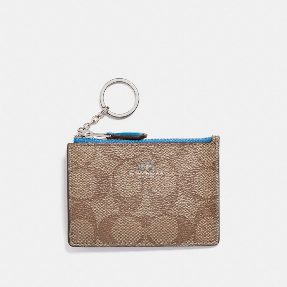 COACH F16107 MINI SKINNY ID CASE IN SIGNATURE CANVAS KHAKI/BRIGHT-BLUE/SILVER