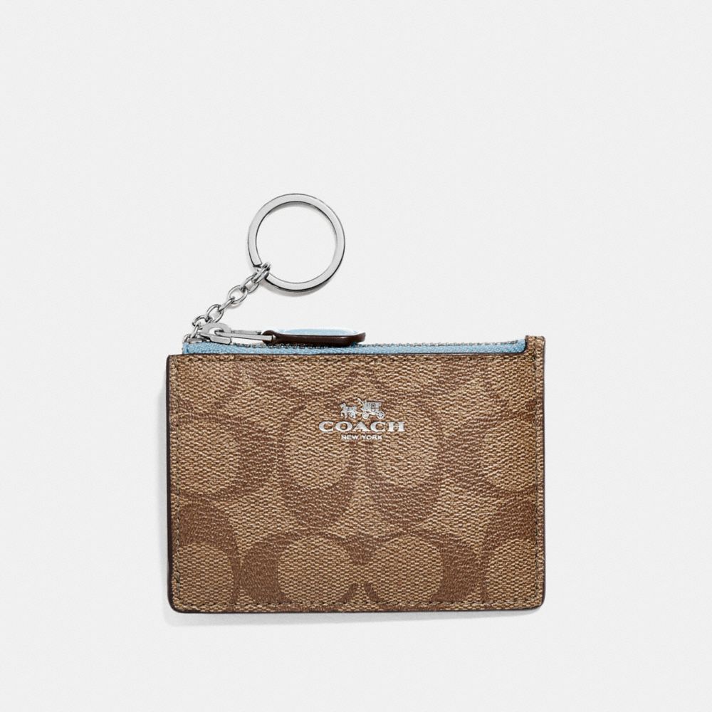 COACH F16107 MINI SKINNY ID CASE IN SIGNATURE CANVAS KHAKI/PALE-BLUE/SILVER