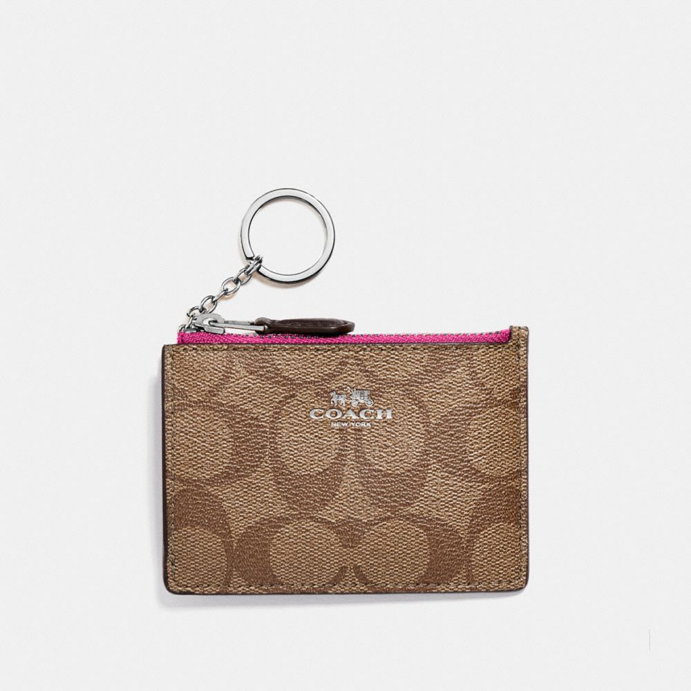 COACH F16107 Mini Skinny Id Case In Signature Canvas KHAKI/CERISE/SILVER