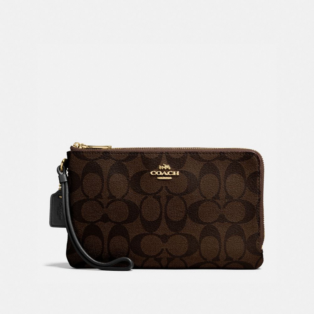 DOUBLE ZIP WALLET IN SIGNATURE CANVAS - COACH f16109 - BROWN/BLACK/IMITATION GOLD