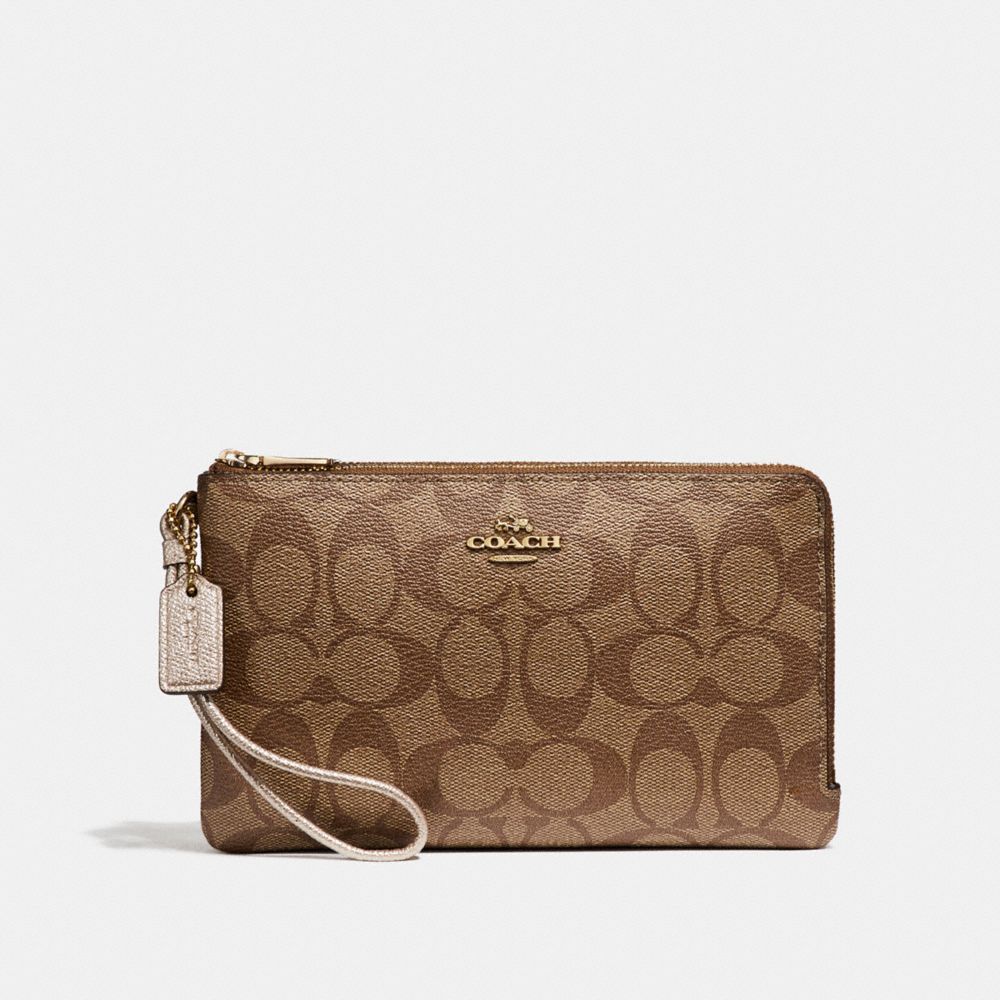 COACH DOUBLE ZIP WALLET - LIGHT GOLD/KHAKI - f16109