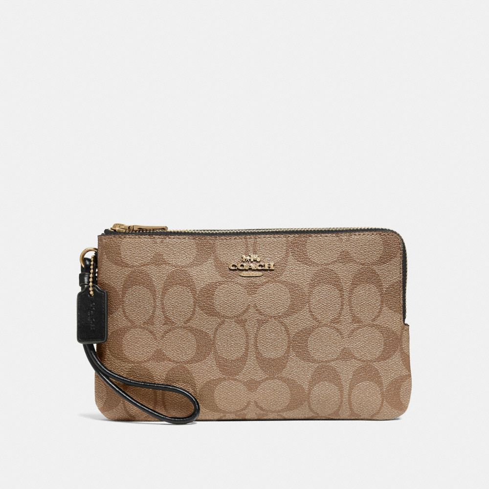 COACH F16109 - DOUBLE ZIP WALLET IN SIGNATURE CANVAS KHAKI/BLACK/IMITATION GOLD