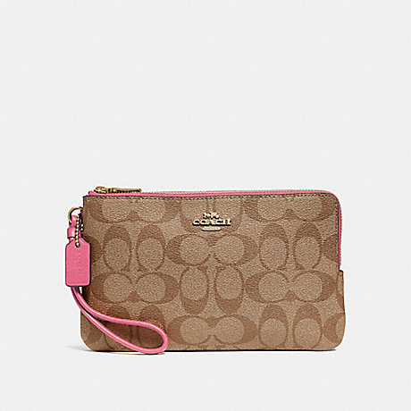COACH DOUBLE ZIP WALLET IN SIGNATURE CANVAS - KHAKI/PINK RUBY/GOLD - F16109
