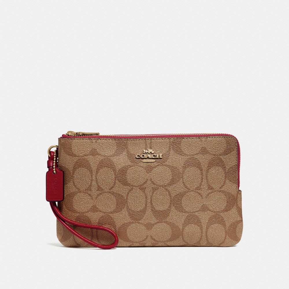 COACH DOUBLE ZIP WALLET IN SIGNATURE CANVAS - KHAKI/CHERRY/LIGHT GOLD - F16109