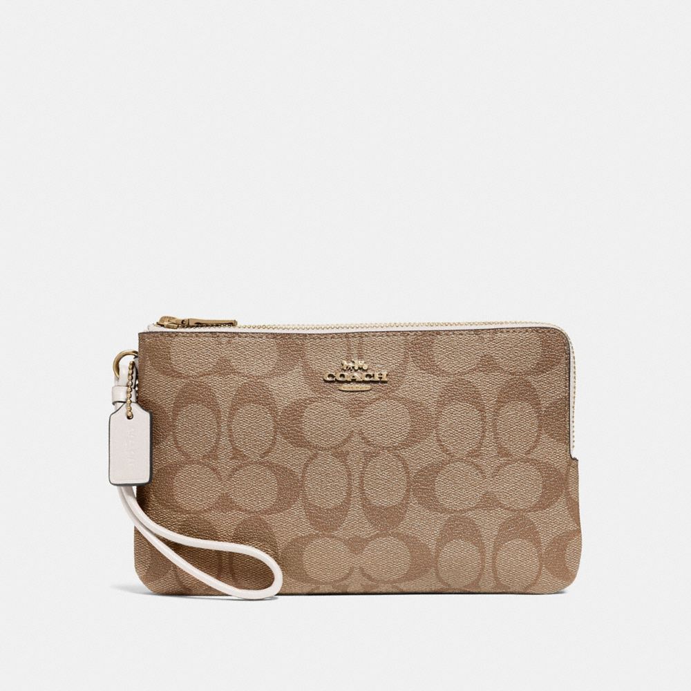 COACH F16109 Double Zip Wallet In Signature Canvas KHAKI/CHALK/GOLD