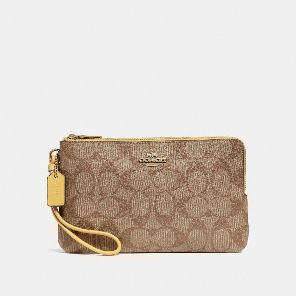 COACH DOUBLE ZIP WALLET IN SIGNATURE CANVAS - KHAKI/SUNFLOWER/GOLD - F16109