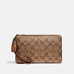 COACH DOUBLE ZIP WALLET IN SIGNATURE COATED CANVAS - LIGHT GOLD/KHAKI - F16109